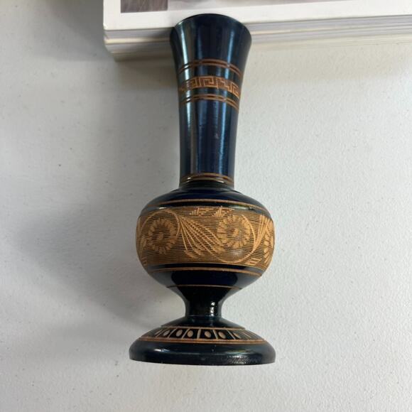 Hand Carved Wood Vase 8.5" Floral Design Decorative Black Brown - Picture 4 of 8